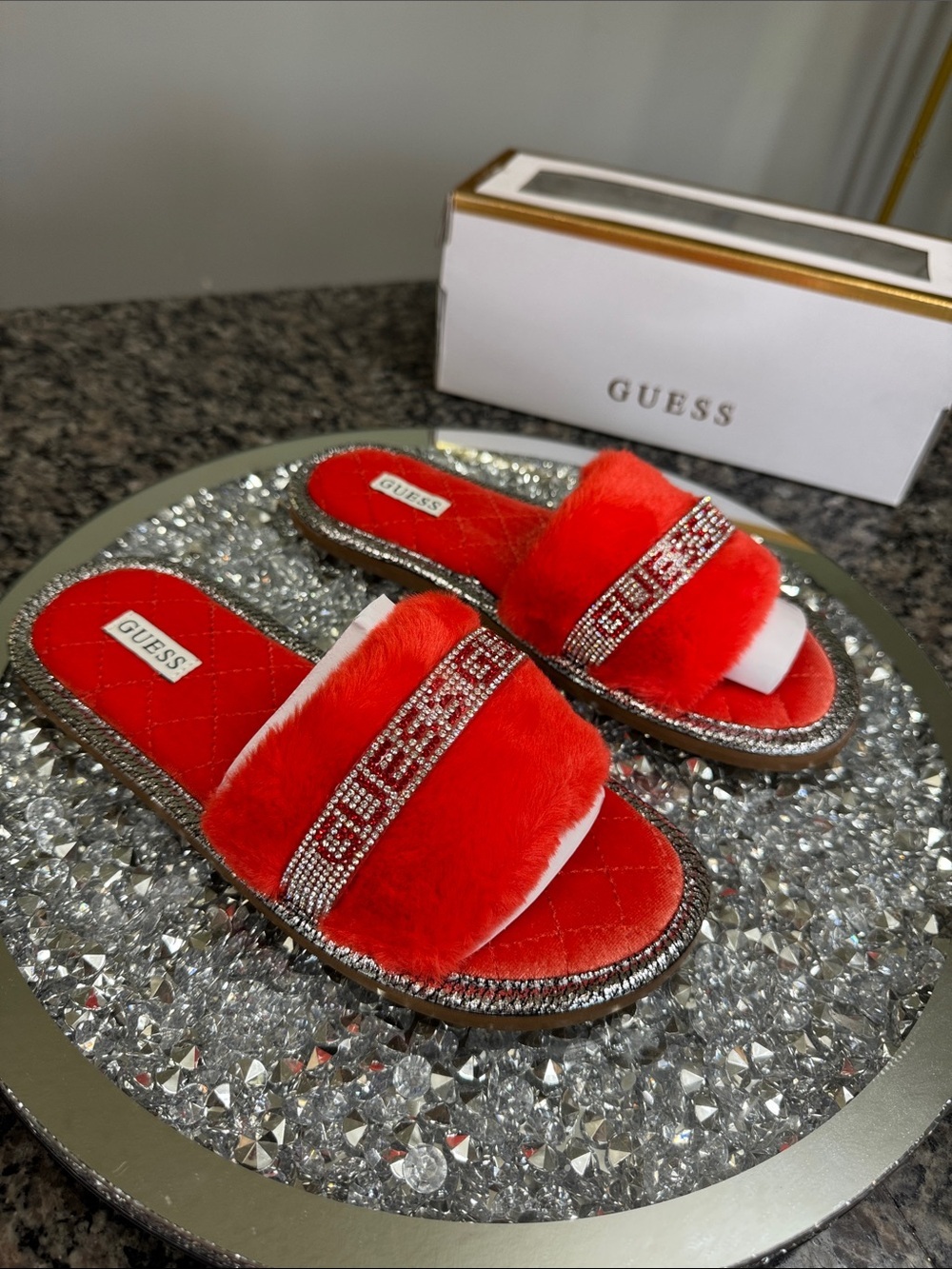 GUESS Red Faux-Fur Crystal Logo Slide Sandals NEW 8
